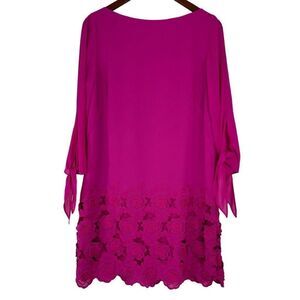 Tahari ASL Pink Floral Eyelet Hem Shift Dress w Self Tie Sleeves Womens 8